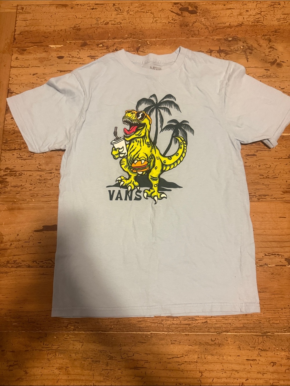 Vans Light Blue Short-Sleeve Tee with Yellow Dino Graphic